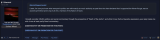 A screenshot of a Something Awful forum post by Etherwind reading, "I broadly consider nWoD's politics and social commentary through the perspective of "Death of the Author", and while I know that's a figurative expression, your reply makes me wish it was at least partly literal commentary." Underneath is a notice that the user who posted it has been probated.