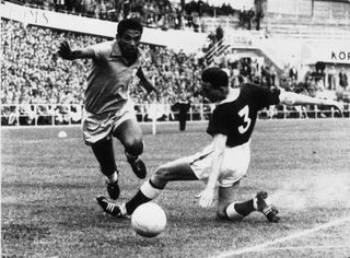 Garrincha in action for Brazil against Wales at the 1958 World Cup.