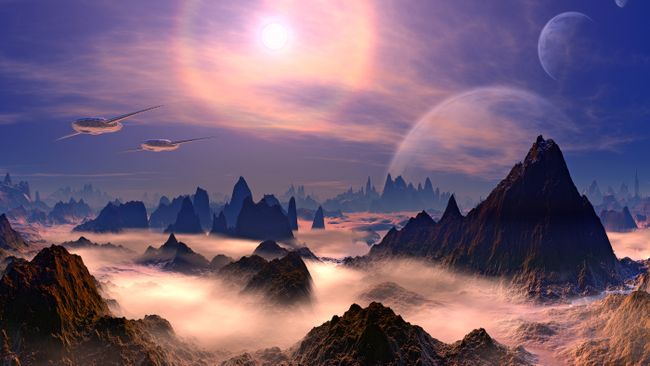 Alien spaceships above rocky planet.