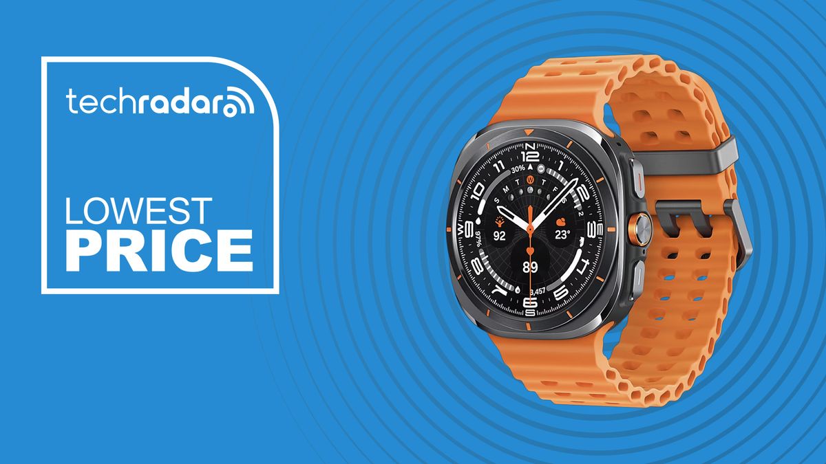 A samsung galaxy watch ultra with an orange strap on a blue background and the text lowest price 