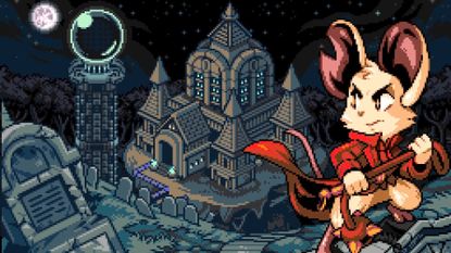 Mina the mouse holding a whip in front of a castle