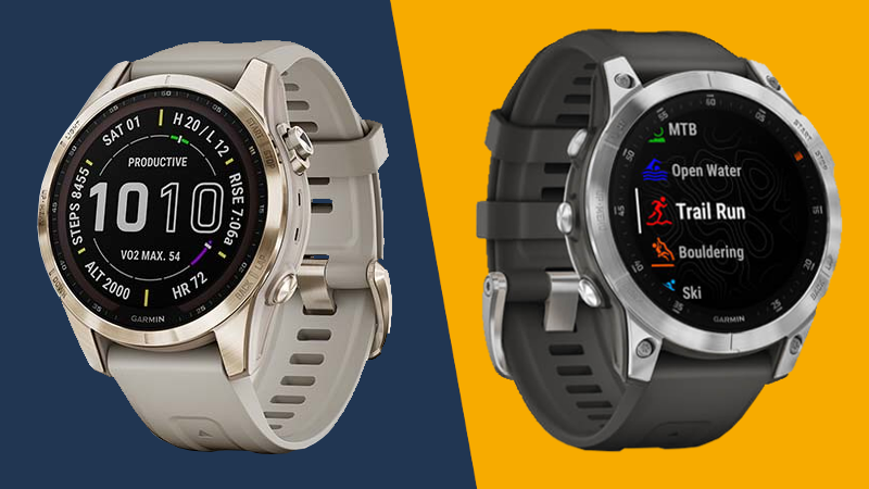 Garmin Fenix 7 and Garmin Epix watches on blue and yellow background