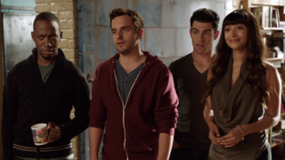 Winston, Nick, Schmidt, Cece greeting at door Thanksgiving episode