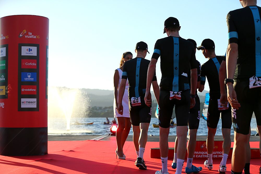 Team Sky riders on the Vuelta's stage 1 podium.