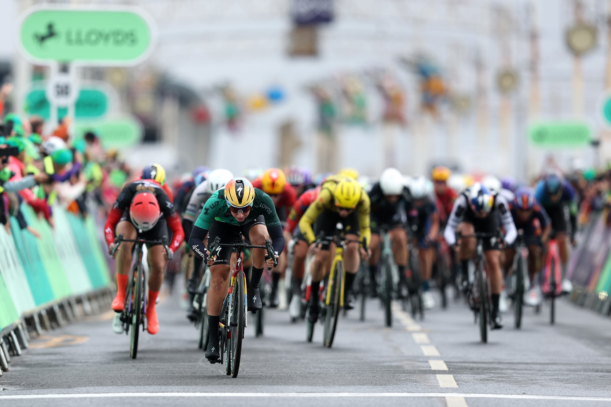 BLACKPOOL, ENGLAND - AUGUST 20: Lorena Wiebes of Netherlands and Team SD Worx - Protime - Green Leader Jersey sprints at finish line to win during the 11th Lloyds Tour of Britain Women 2026, Stage 2 a 110.5km stage from Clitheroe to Blackpool / #UCIWWT / on August 20, 2026 in Blackpool, England. (Photo by Matt McNulty/Getty Images)