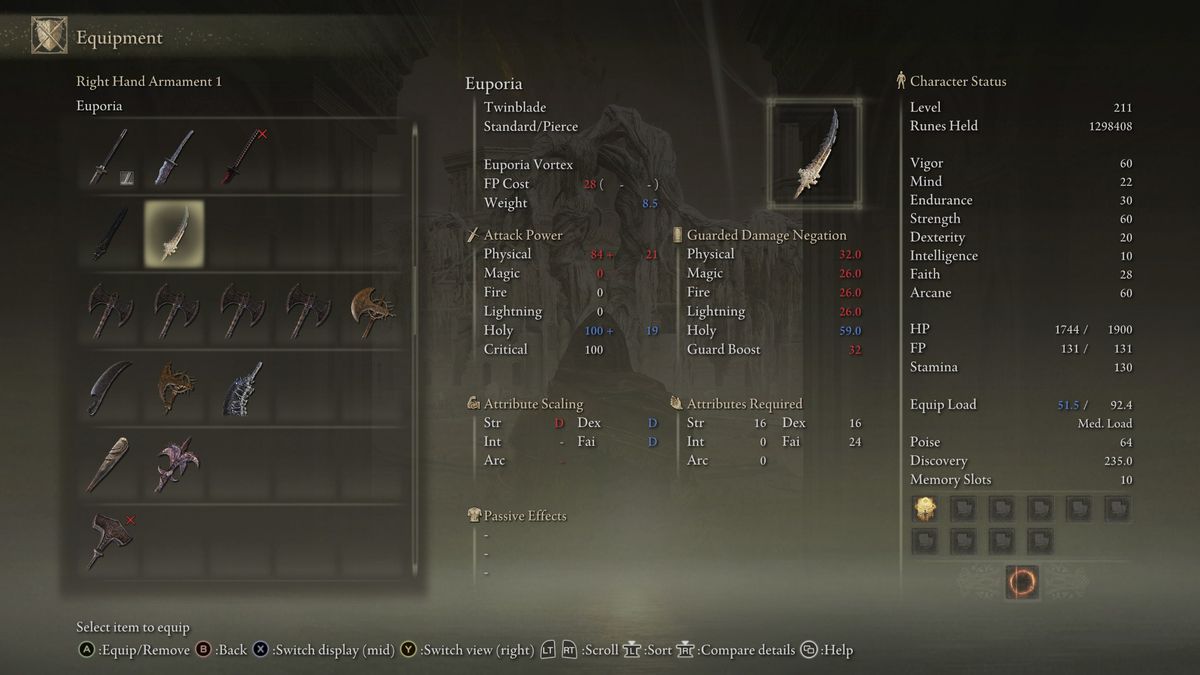 Elden Ring: Shadow of the Erdtree legendary weapons - Euporia stats