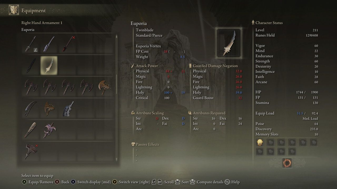 Elden Ring: Shadow of the Erdtree legendary weapons - Euporia stats