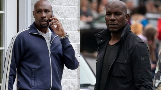 Morris Chestnut on the phone outside in The Best Man The Final Chapters and Tyrese Gibson standing with a concerned look in F9, pictured side by side.