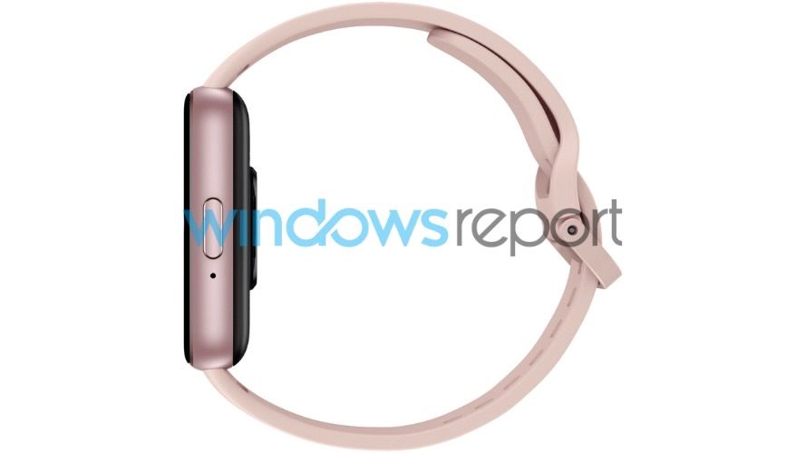 A leaked render of the alleged Samsung Galaxy Fit 3 from the side, showing a single side button and microphone.