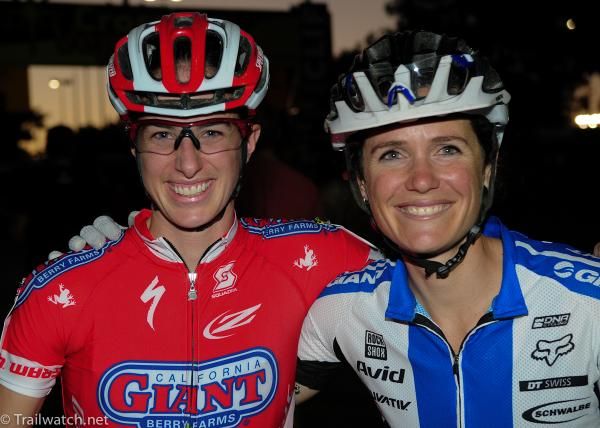 Mountain bikers Lea Davison (Specialized), left, and Kelli Emmett (Giant)