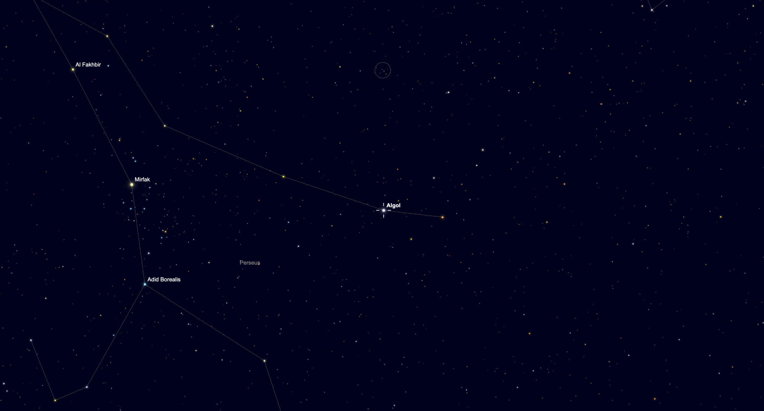 Star chart showing the location of Algol in the constellation Perseus, near the bright star Mirfak.