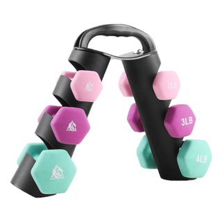 three colorful dumbbell pairs on a black stand 