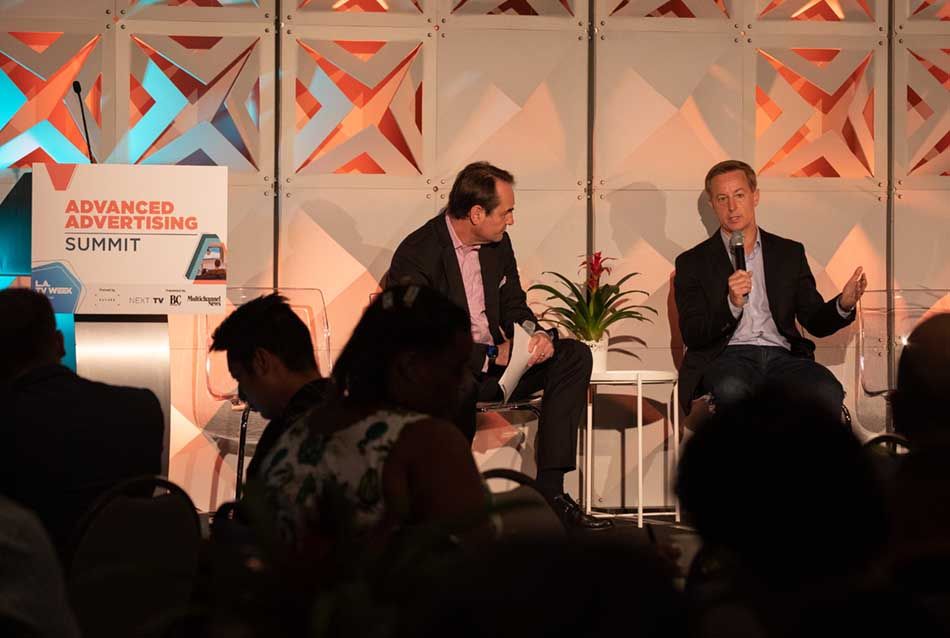 B+C business editor Jon Lafayette talks with Sean Muller, and founder CEO of iSpot.tv, during the opening keynote of the L.A. TV Week Advanced Advertising Summit June 7 at the Sofitel Los Angeles in Beverly Hills.