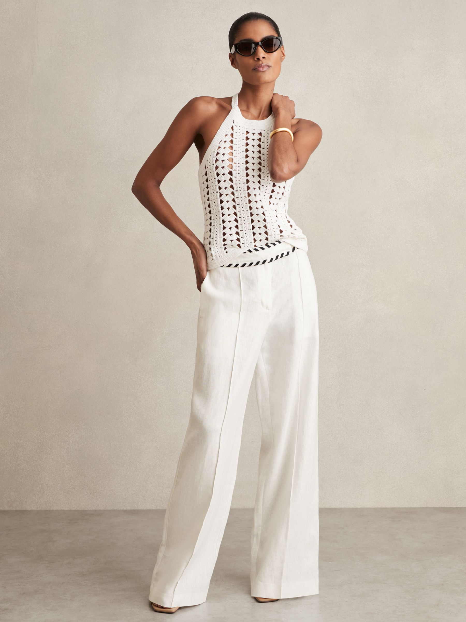 Linen Wide-Leg Whipstitch Trousers in White