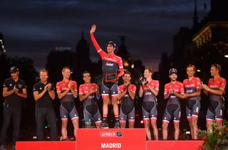 Alberto Contador and his Trek-Segafredo teammates wave goodbye from the Vuelta