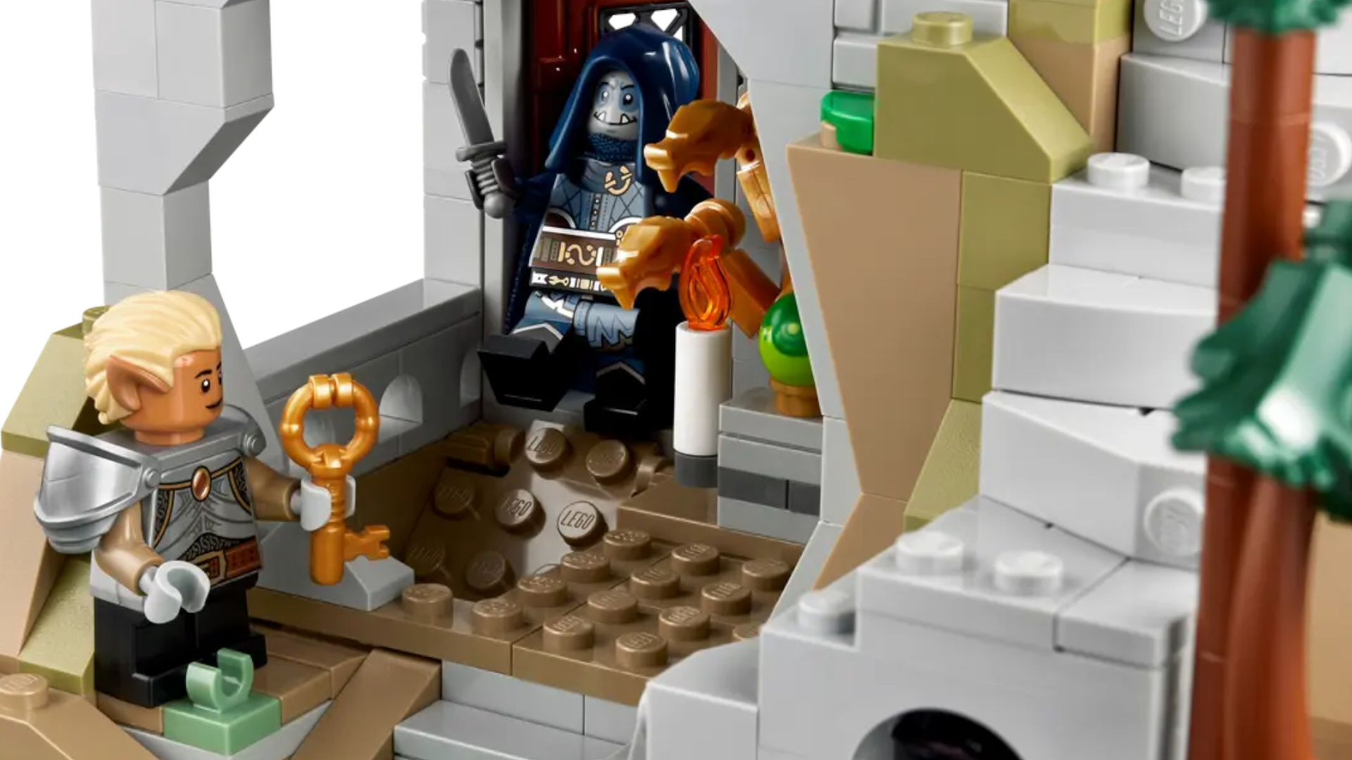 Lego adventurer minifigs explore a dungeon in the D&D set