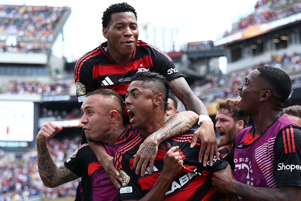 Bruno Henrique (C) celebrates with teammates after scoring his team's first goal during the FIFA Club World Cup 2025 Group D football match between Brazil's CR Flamengo and England's Chelsea at the Lincoln Financial Field stadium in Philadelphia on June 20, 2025.