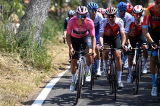 SAN SALVO ITALY MAY 07 LR Remco Evenepoel of Belgium and Team Soudal Quick Step Pink Leader Jersey and Hugo Toumire of France and Team Cofidis compete during the 106th Giro dItalia 2023 Stage 2 a 202km stage from Teramo to San Salvo UCIWT on May 07 2023 in San Salvo Italy Photo by Tim de WaeleGetty Images