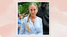 Sarah Jessica Parker pictured smiling, wearing a blue broderie anglaise dress and her hair in a side braid