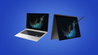 Samsung Galaxy Book 2 Pro and 360 on a blue background