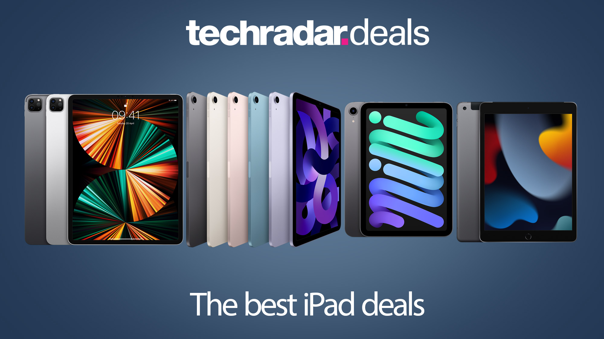 Row of iPads on blue background with TechRadar deals logo and cheap iPad deals title text