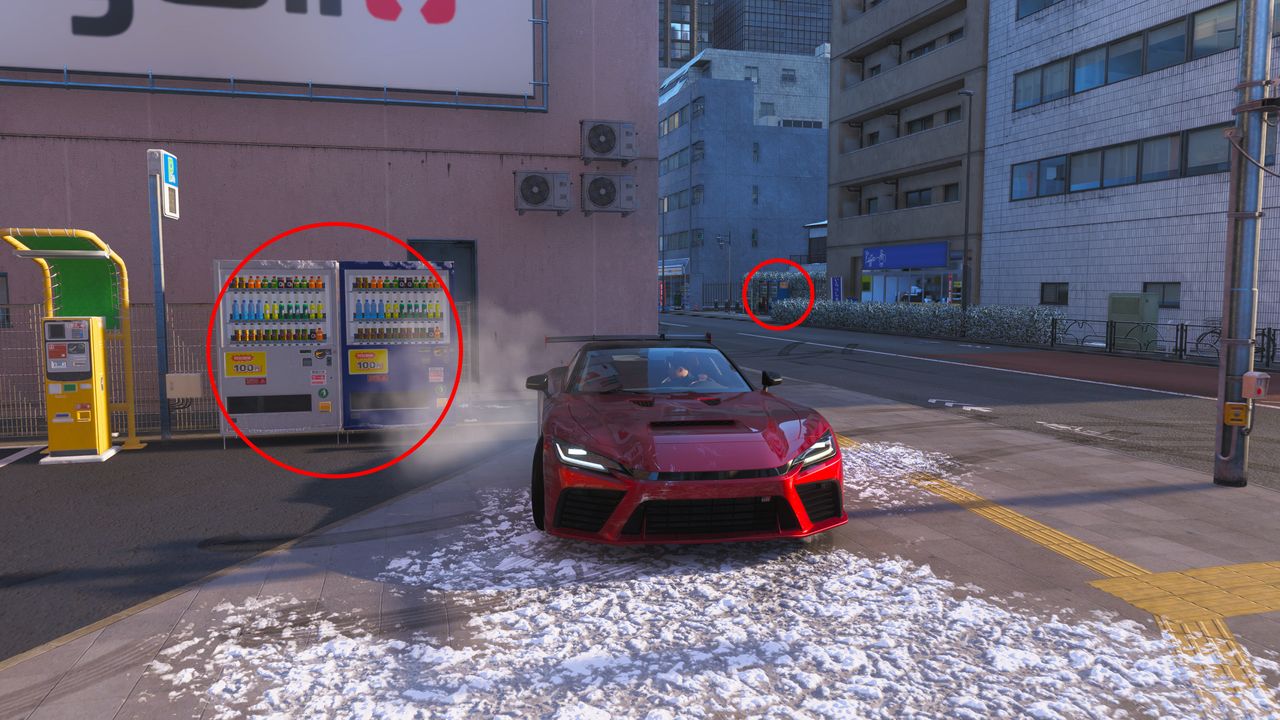 Forza Horizon 6 vending machines: A red GR GT parked in a parking lot in Tokyo City, with two red circles showing two sets of vending machines in view.