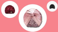 three of the best hair wraps for sleeping, from Slip, Lilysilk, Only Curls on a pink background