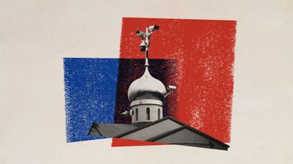 Photo collage of a Russian Orthodox church spire. The crosses have been replaced by a pole with CCTVS cameras on it