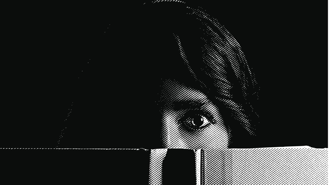 Black and white illustration of a woman&#039;s eyes over the top of a book, looking scared