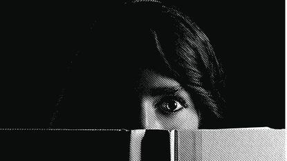 Black and white illustration of a woman's eyes over the top of a book, looking scared