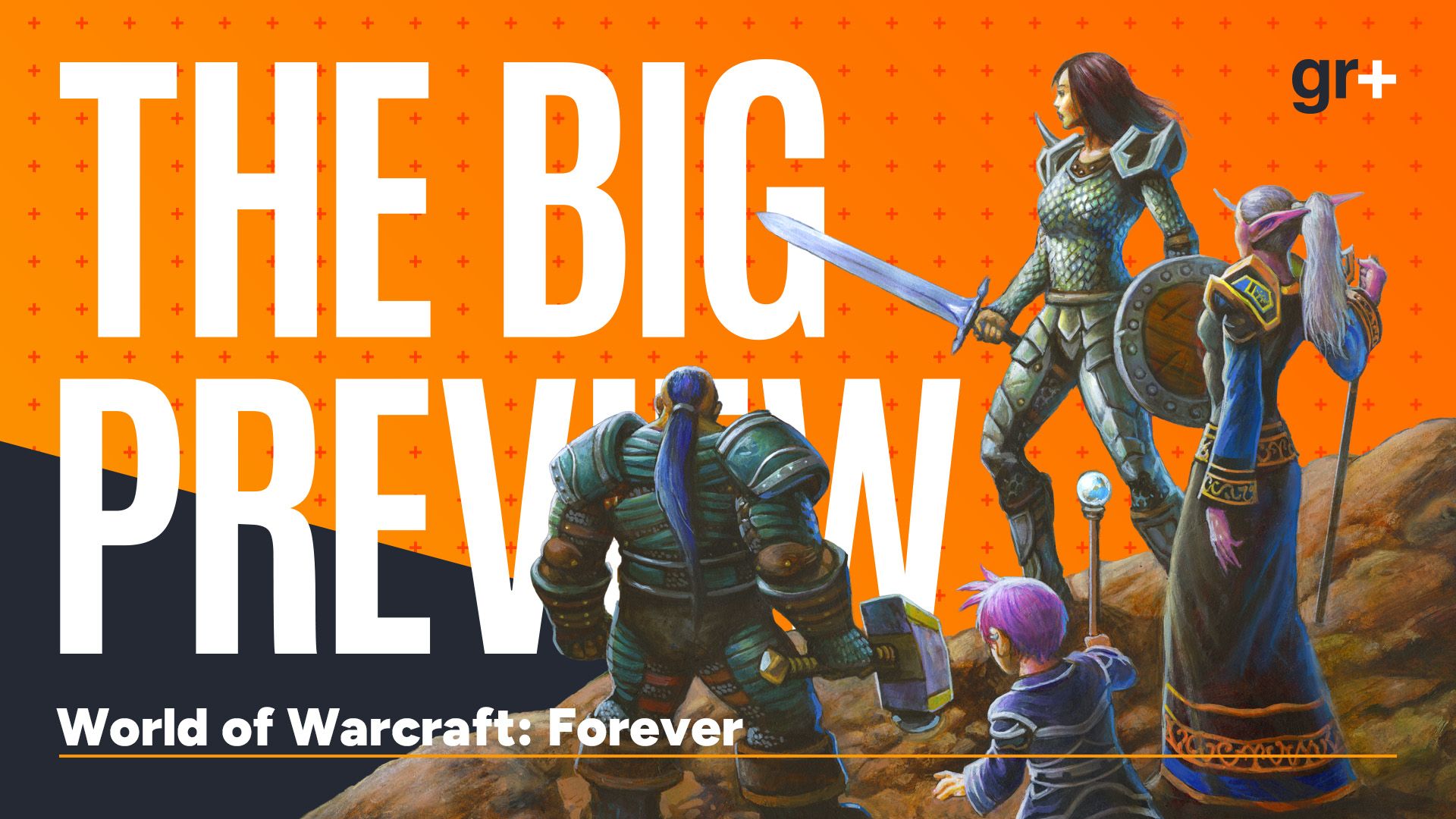 A party of Alliance adventurers in World of Warcraft: Forever gaze out across the GamesRadar+ branding for The Big Preview, with bold white text across a textured orange background