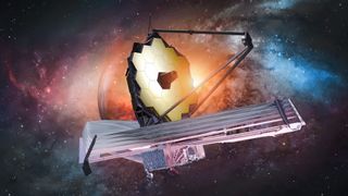 Artist's illustration of the James Webb Space Telescope with a large sunshield below and a big 'honeycomb' shape golden primary mirror.
