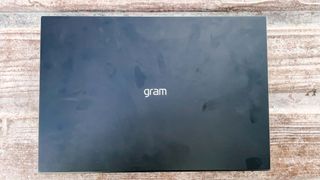 LG Gram 17 (2022) review unit sitting closed on table outside