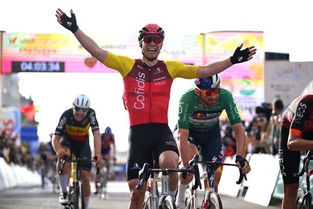 FARO PORTUGAL FEBRUARY 22 LR Milan Fretin of Belgium and Team Cofidis celebrates at finish line as stage winner ahead of Jordi Meeus of Belgium and Team Red Bull BORA hansgrohe Green Points Jersey during the 51st Volta ao Algarve em Bicicleta Stage 4 a 1752km stage from Albufeira to Faro on February 22 2025 in Faro Portugal Photo by Tim de WaeleGetty Images