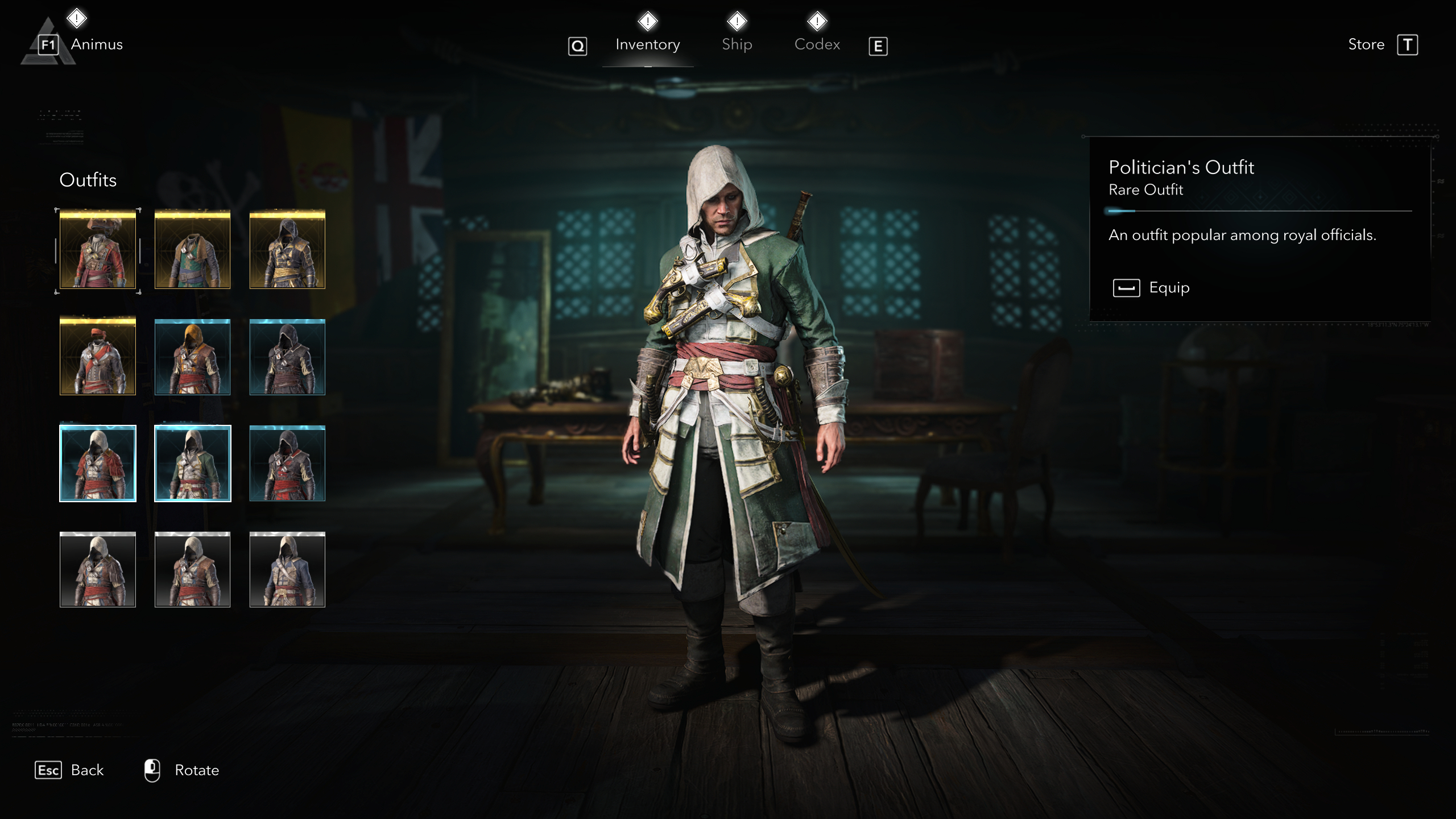 Black Flag outfits: The Politician's Outfit viewed in the menu.
