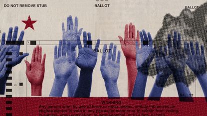 Photo collage of a ballot paper, elements of the California flag, and many hands rising