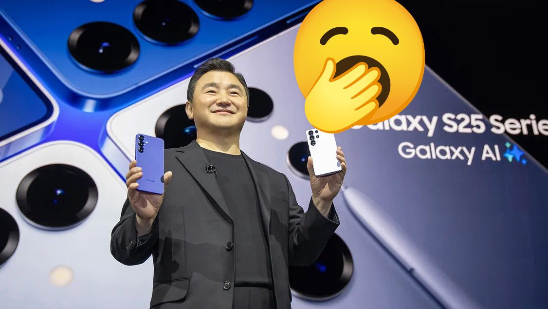 Samsung S25 CEO holding phones at launch with yawn emoji on top