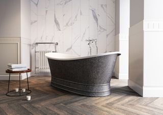 marble finish bathroom with stylish freestanding bath