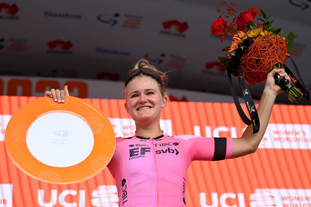 Georgia Williams (EF Education-Tibco-SVB) on the overall podium of the Santos Wormen&#039;s Tour Down Under 2023 with third place