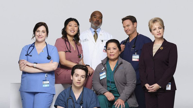 Allison Tolman, Kahyun Kim, Mekki Leeper, David Alan Grier, Kaliko Kauahi, Josh Lawson and Wendi McLendon-Covey in St. Denis Medical