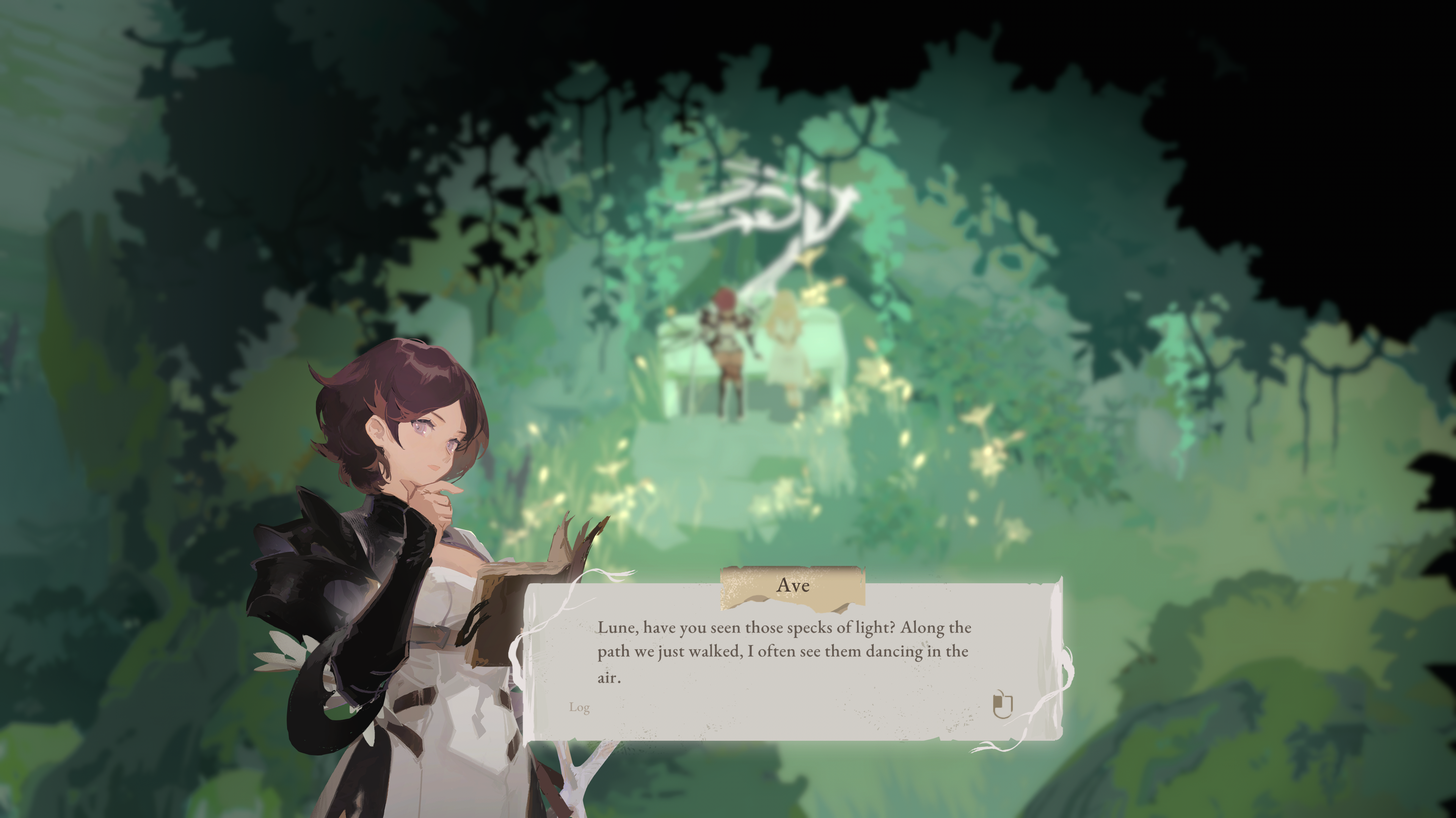 A screenshot of action RPG Lunarium. A brown-haired knight holds open a journal as she talks through a dialogue box.
