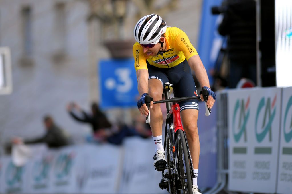 FAYENCE FRANCE FEBRUARY 20 Arrival Bauke Mollema of Netherlands and Team Trek Segafredo Yellow Leader Jersey during the 53rd Tour Des Alpes Maritimes Et Du Var Stage 2 a 1689km stage from Fayence to Fayence 357m letour0683 on February 20 2021 in Fayence France Photo by Luc ClaessenGetty Images