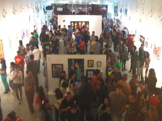 Gallery nucleus was packed for the Big Bang Theory art show. The front of the gallery, at top, was given over to a BBT collectibles shop.