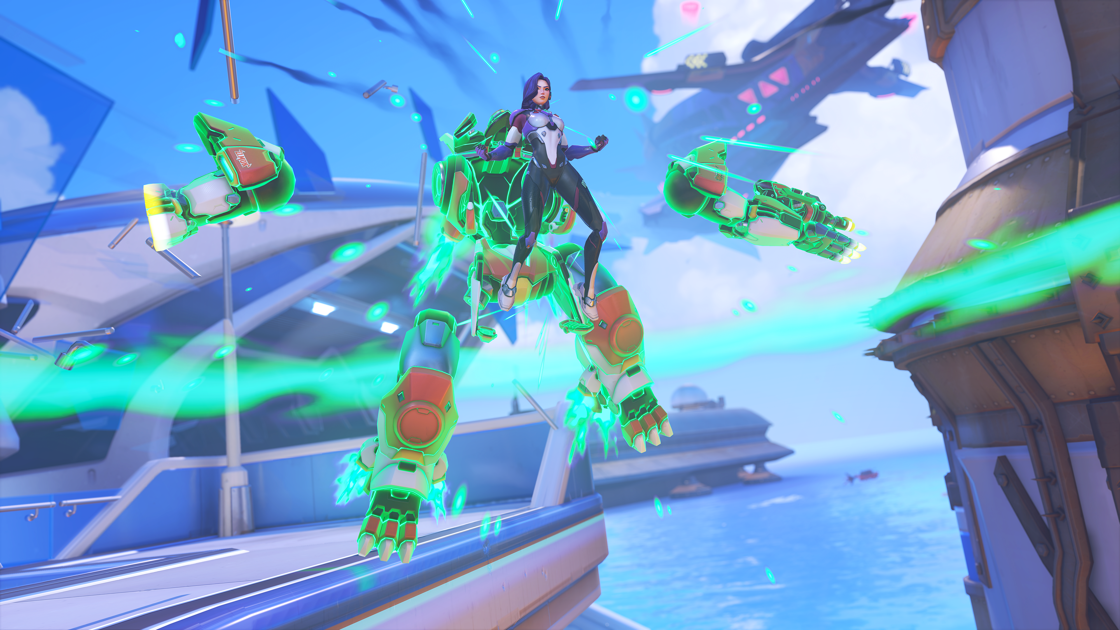 A promotional screenshot of the new Overwatch hero D.Mon. A pilot woman in purple hovers in the air as pieces of her mech fly into place.