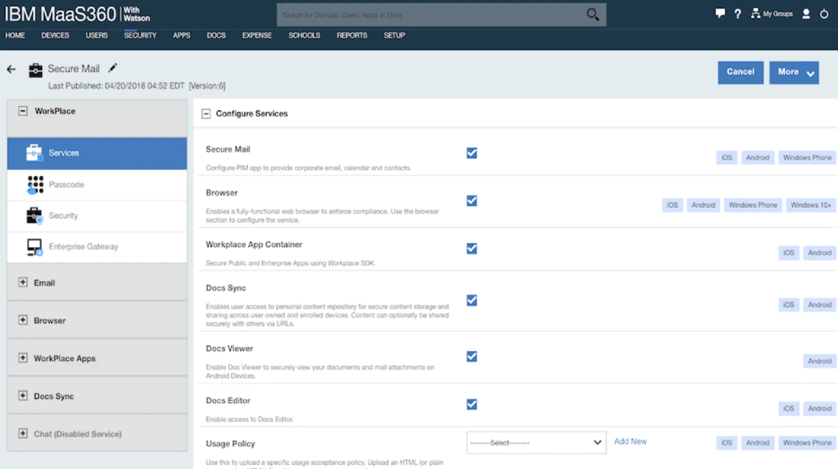 A screenshot of IBM MaaS360 with IBM Watson