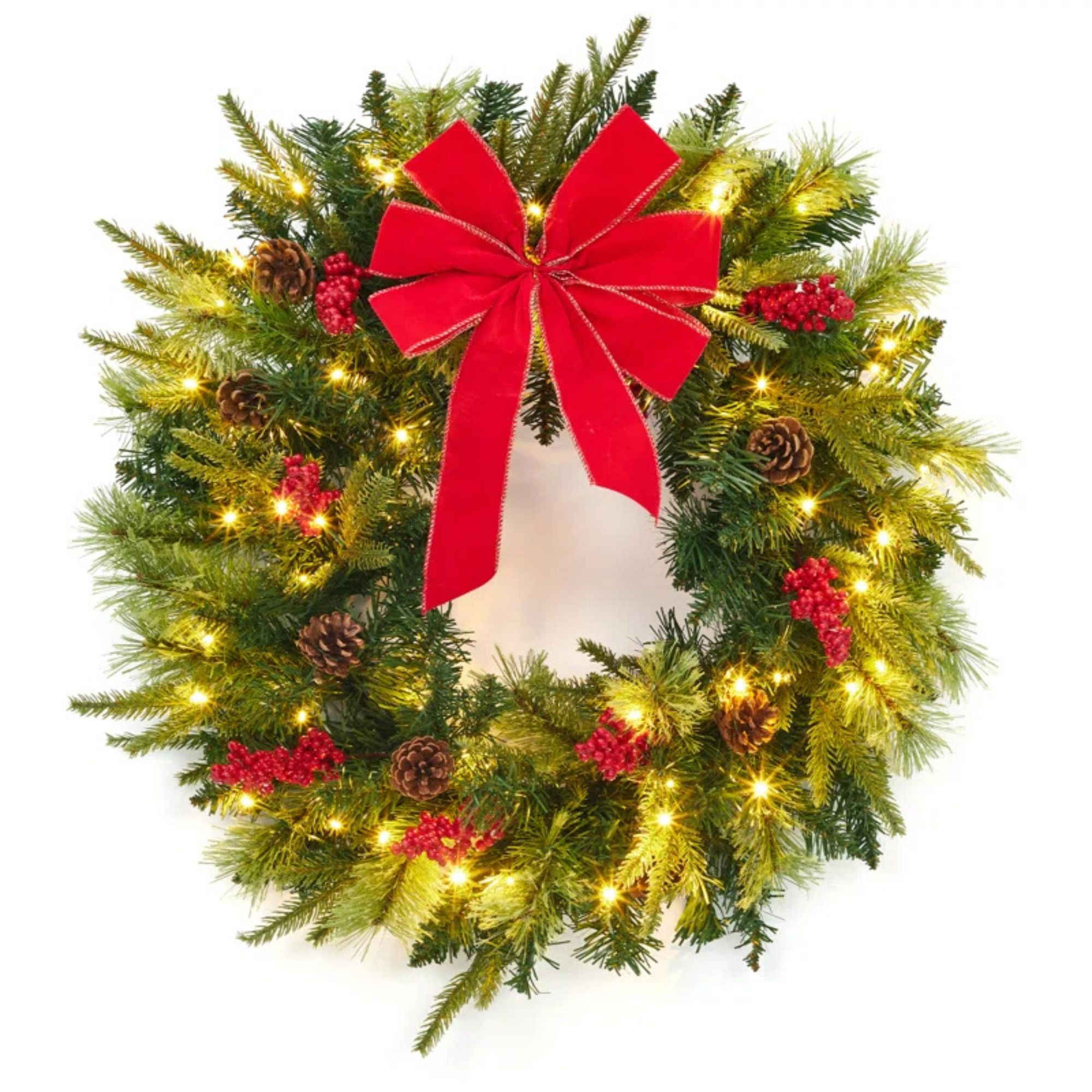 24 Inch Prelit Artificial Christmas Wreath for Front Door with 50 LED Lights, Large Red Bow