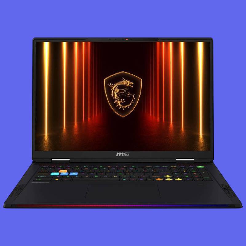 MSI Raider 18 HX gaming laptop against blue background.
