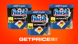 3 identical images of a pack of Finish dishwashing tablets on an orange background. The "Getprice" logo sits beneath them. 