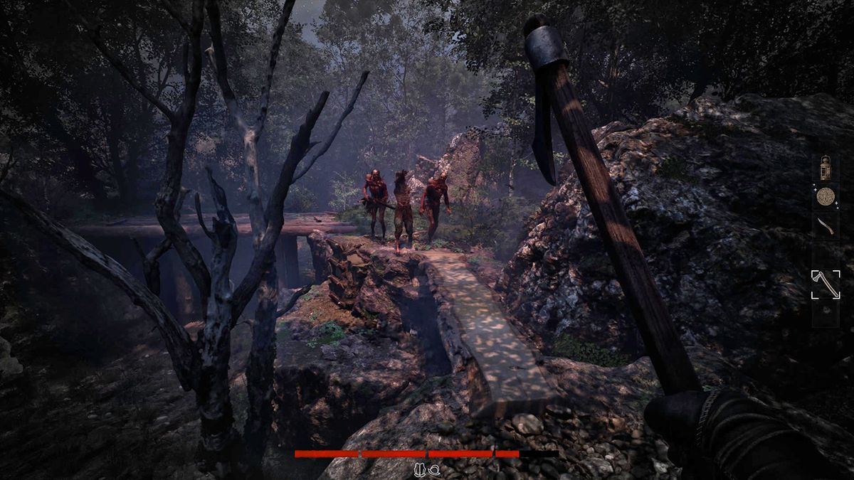Screens from a horror game set in a dense jungle
