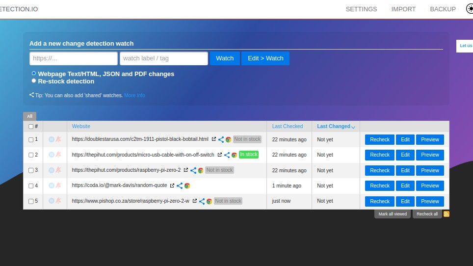 Change Detection interface